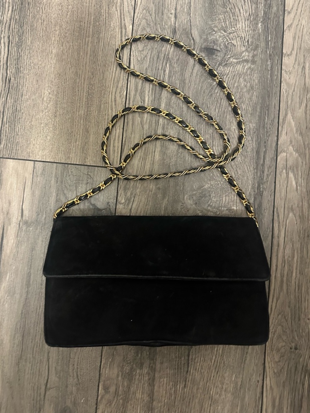 Saks Fifth Avenue Black Suede Crossbody Bag with Gold-Trim Chain